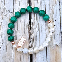 Load image into Gallery viewer, Malachite and freshwater pearl bracelet on a wooden surface
